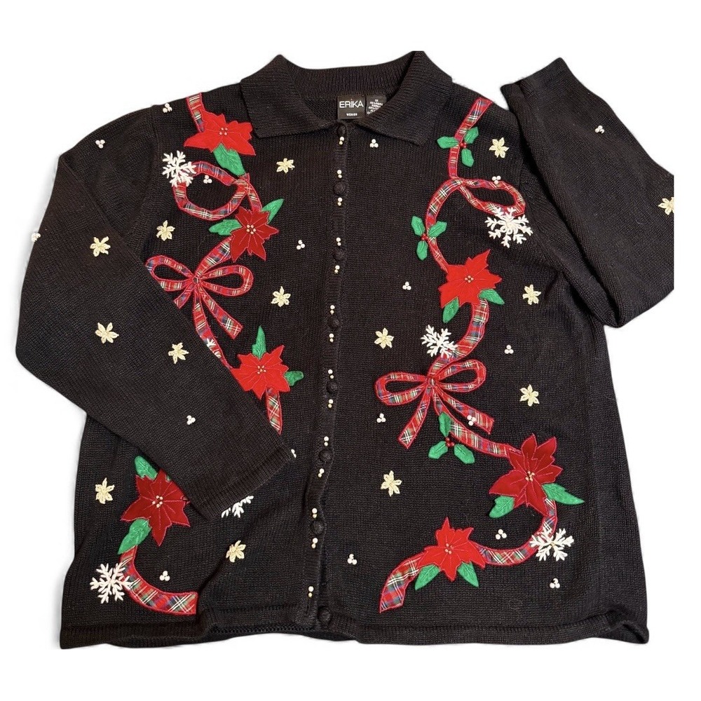 VTG Erika Woman Christmas Poinsettia Snowflake embroidered Sweater 1X‎